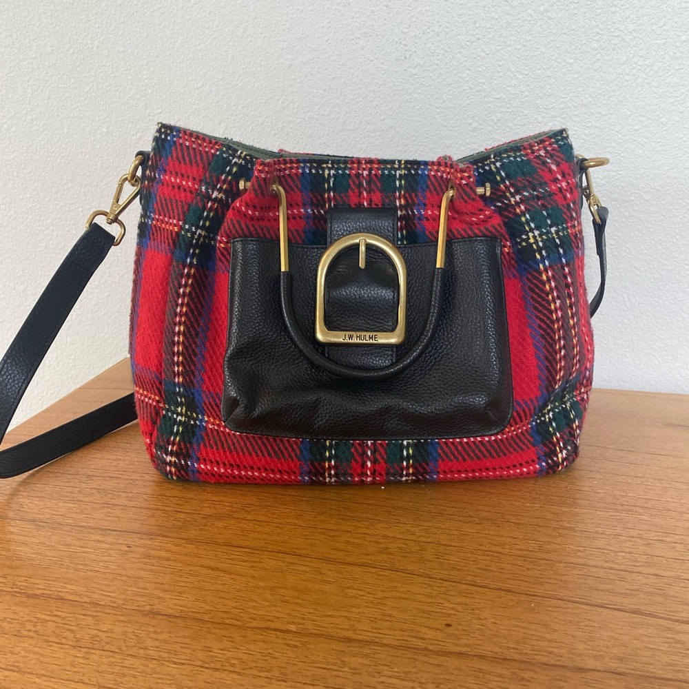 J.W. HULME CO. Red Plaid Crossbody Bag with Black Leather and brass handles - Picture 3 of 12
